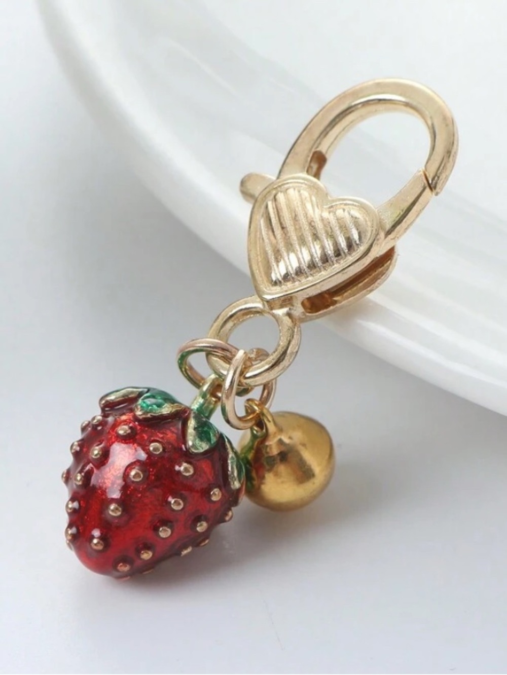 Gold Strawberry Charm Keychain with Red Enamel Fruit